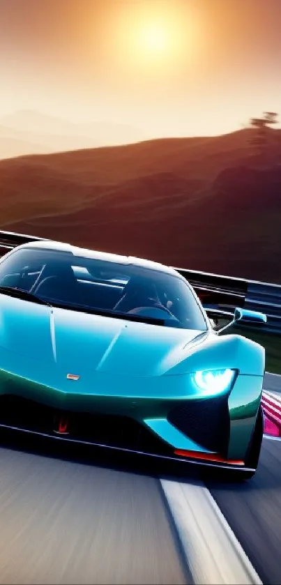 Sportscar racing on track at sunset with vibrant teal color.