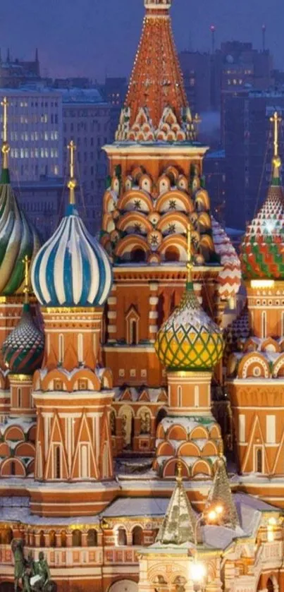 Colorful St. Basil's Cathedral at dusk.