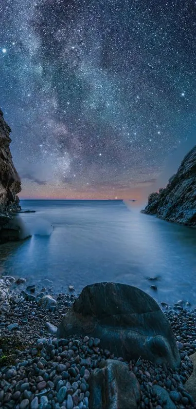 Starry night sky over a tranquil beach with Milky Way view.