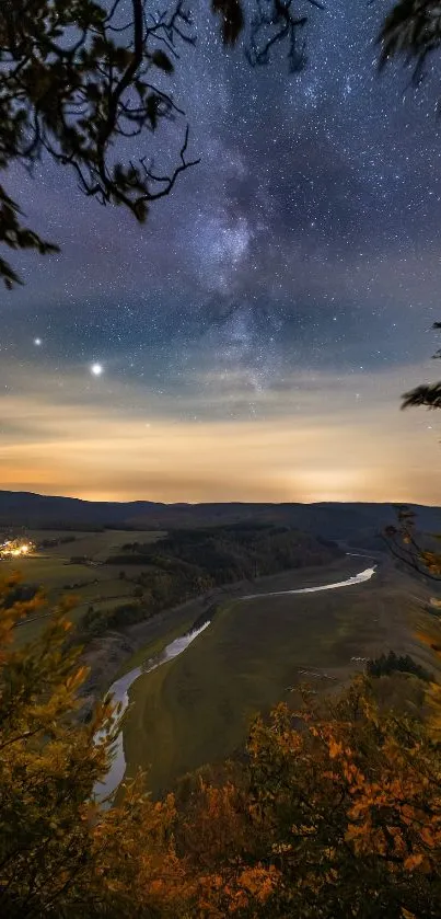 Starry night sky over a serene valley landscape with vibrant colors.