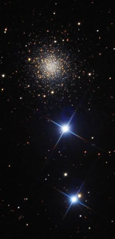 Starry night sky with bright stars and galaxy cluster.