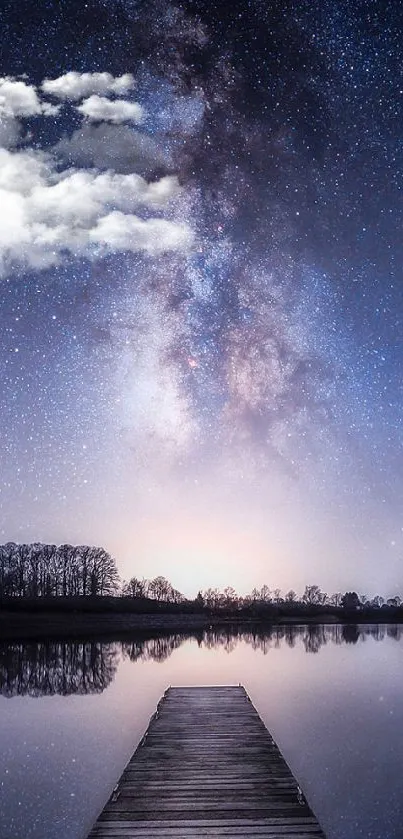 Milky Way over serene lake with starry sky.