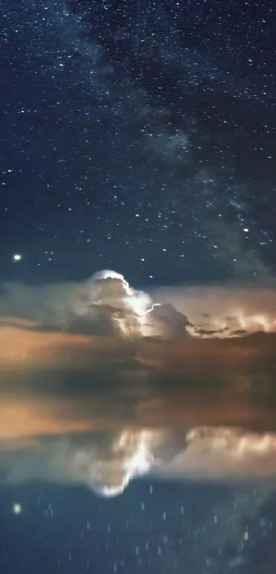 Night sky wallpaper with stars and clouds reflected on water.