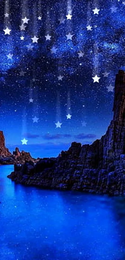 Starry night sky over rocky cliffs in vibrant blue tones.