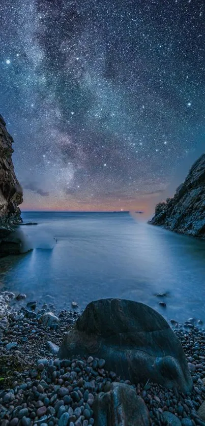 Starry sky over calm water, framed by rocky cliffs.