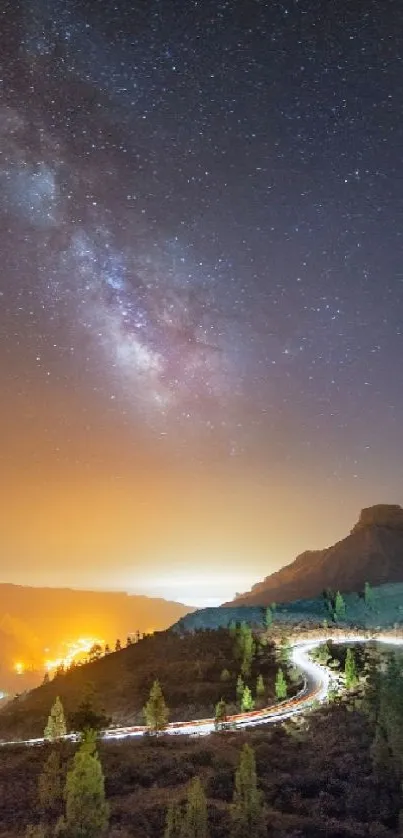 Starry night over mountain road with Milky Way.