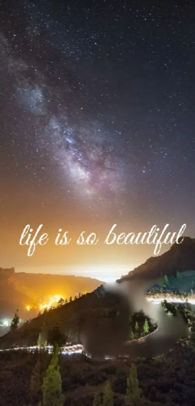 Starry night wallpaper with galaxy and quote: life is so beautiful.