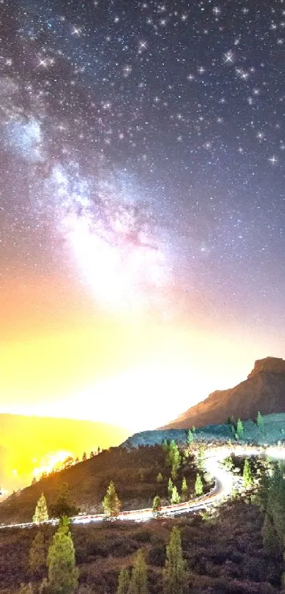 Starry night wallpaper with galaxy and mountains.