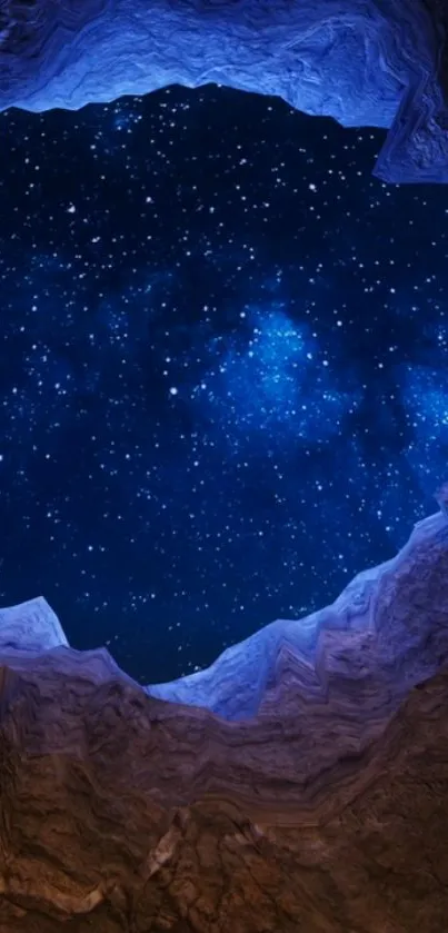 Starry night sky through a rocky opening, cosmic view.