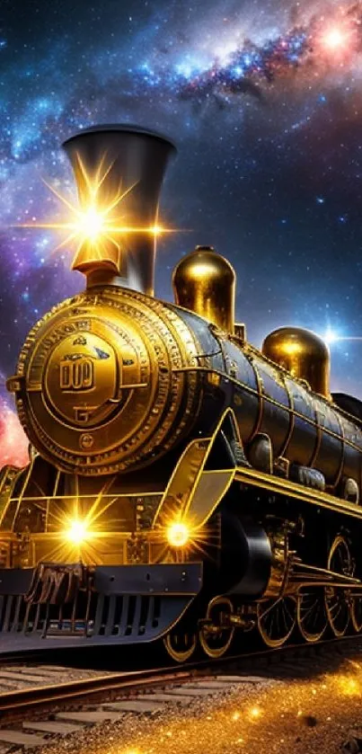 Golden steam train in galaxy night sky wallpaper.
