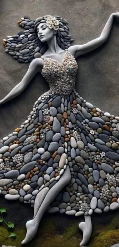 Artistic stone art woman sculpture in pebbles on a phone wallpaper.