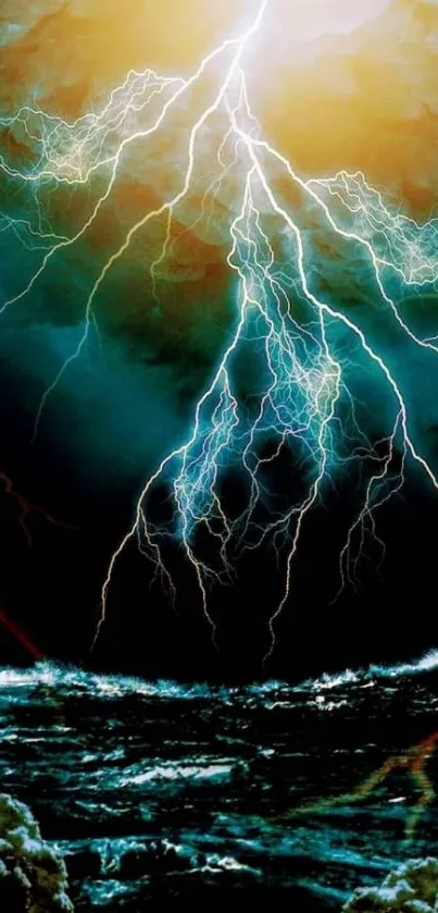 Powerful lightning storm over ocean waves, depicting nature's raw energy.