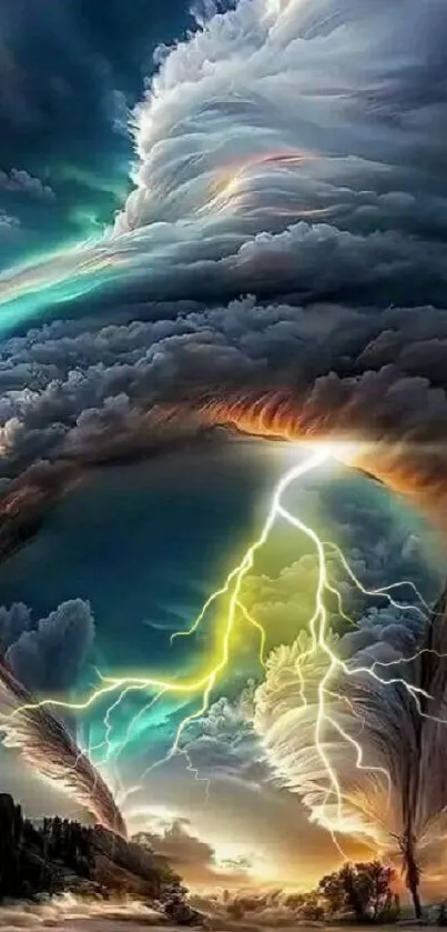 Dynamic storm with vibrant lightning in colorful clouds wallpaper.