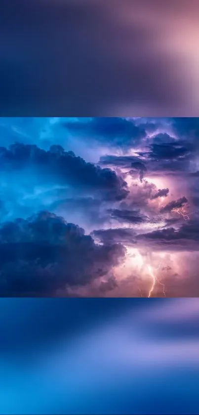 Midnight storm clouds with vivid lightning in blue and purple hues on mobile wallpaper.