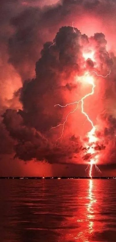 Crimson lightning strikes over calm waters beneath stormy clouds.