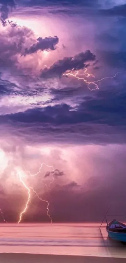 Purple stormy beach with lightning and a boat.