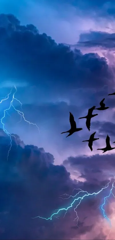 Flock flying across stormy lightning sky.