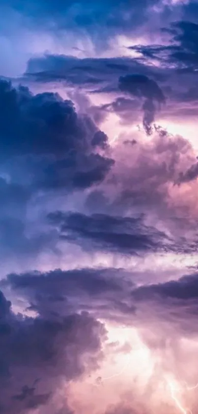 Moody storm clouds with vibrant lightning in purple and blue sky.