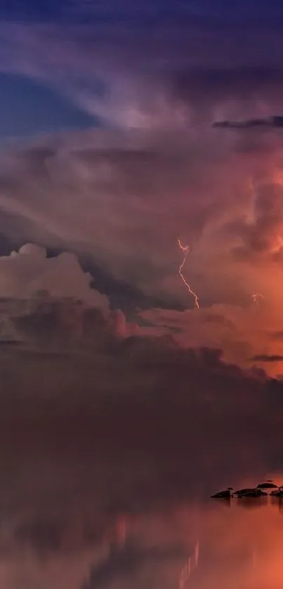 Stunning stormy sunset with vibrant clouds reflecting on water.