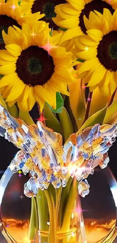 Sunflower bouquet in a sparkling crystal vase against a dark background.