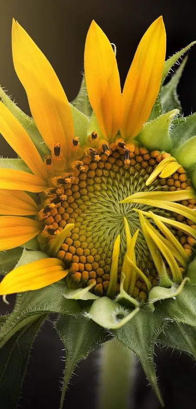 Close-up of a vibrant sunflower with yellow petals and green leaves on display.