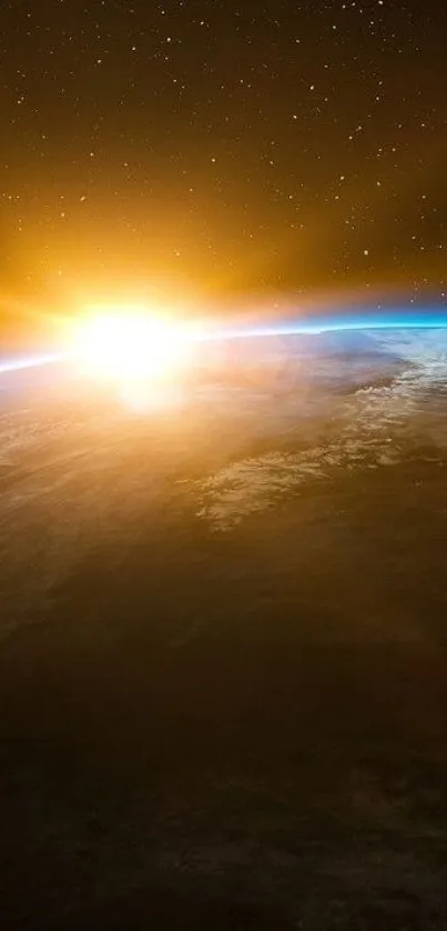 Sunrise over Earth from space, glowing horizon and stars