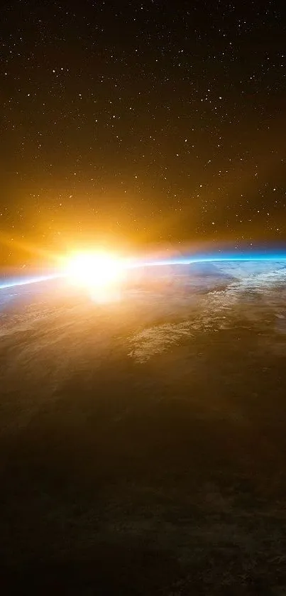 Sunrise over Earth from space with vibrant orange and blue colors.