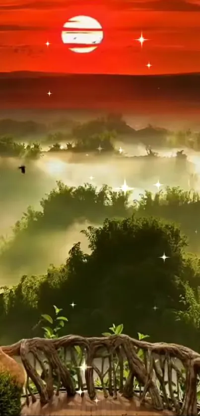 Bright sunrise over misty forest landscape with a wooden railing in foreground.