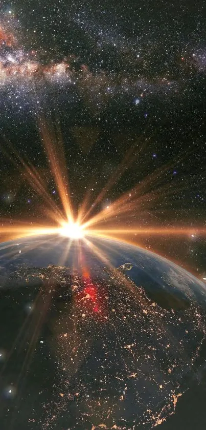 Sunrise over Earth with Milky Way visible from space in vibrant colors.
