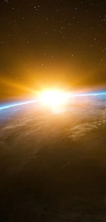 Sunrise over Earth from space with glowing horizon.