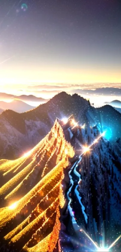 Golden sunrise over majestic mountain peaks with shimmering light effects.