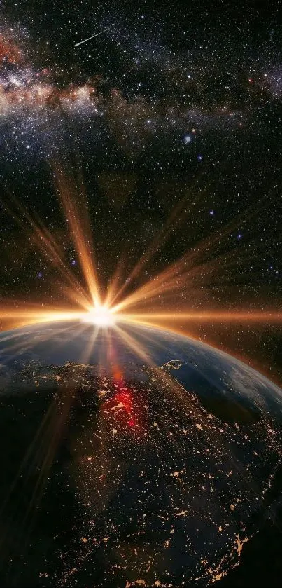 Sunrise over Earth with starry sky view.