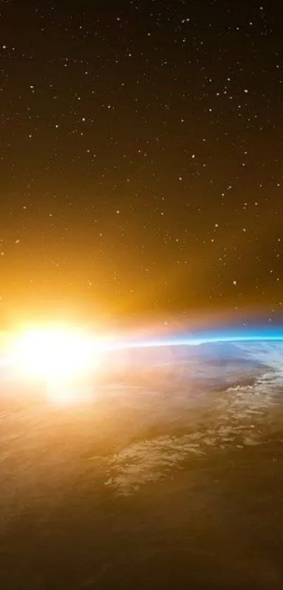 Sunrise over Earth with glowing atmosphere and starry background.