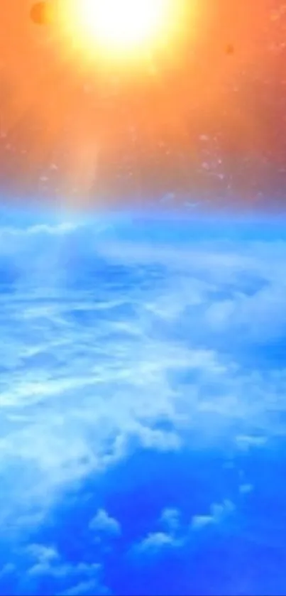 Mobile wallpaper featuring a sunrise over a blue planet and cloudy sky.