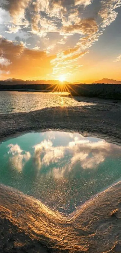 Sunrise over a reflective lake with golden skies, capturing serene natural beauty.