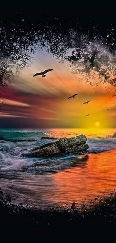 Vibrant sunset beach with seagulls soaring above ocean waves.