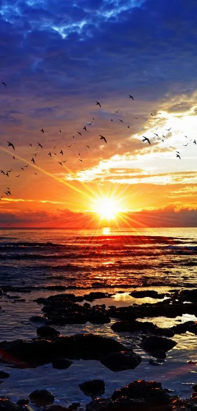 A vibrant sunset over a tranquil ocean with birds in the sky and waves crashing on rocks.