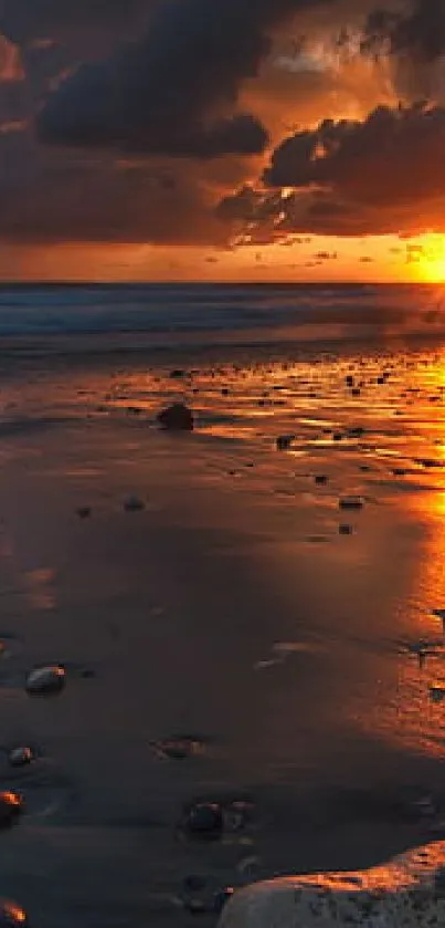 Beautiful sunset over a serene beach with vivid sky colors and reflections.