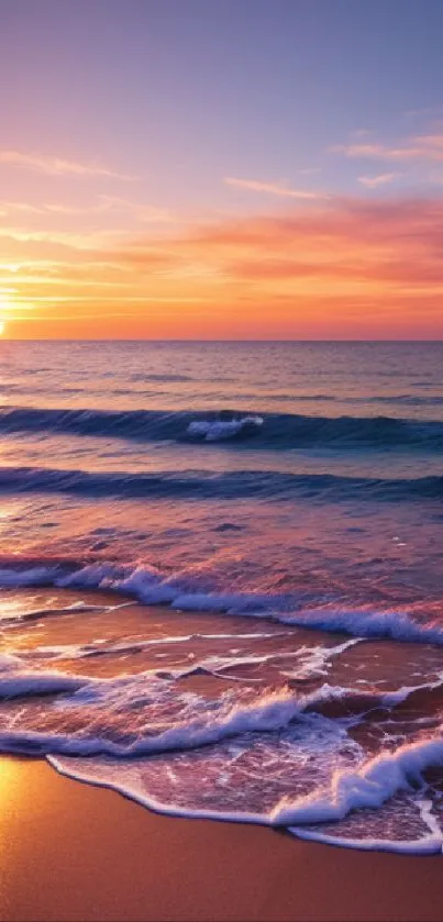 A stunning sunset over the ocean with vibrant colors and gentle waves on the beach.