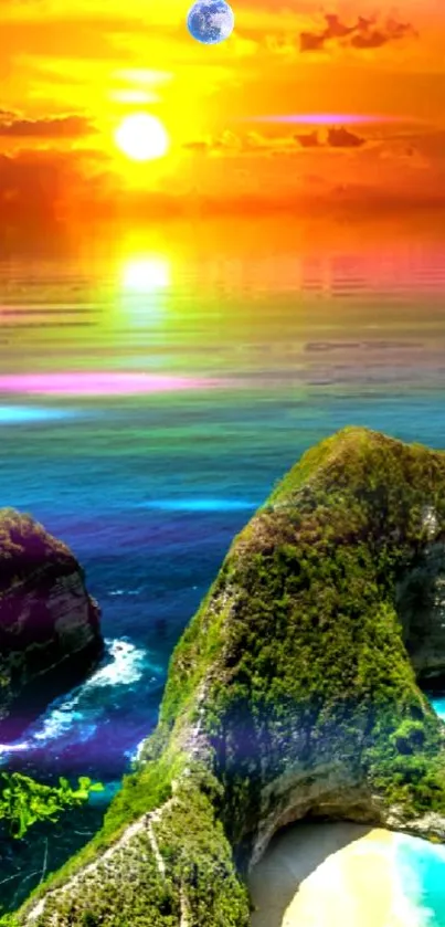 Vibrant sunset over a scenic beach with turquoise waters and lush greenery.