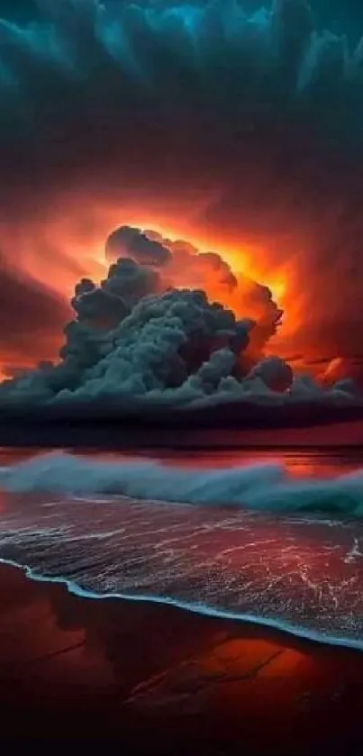 Fiery sunset over ocean waves with dramatic clouds and vibrant sky.