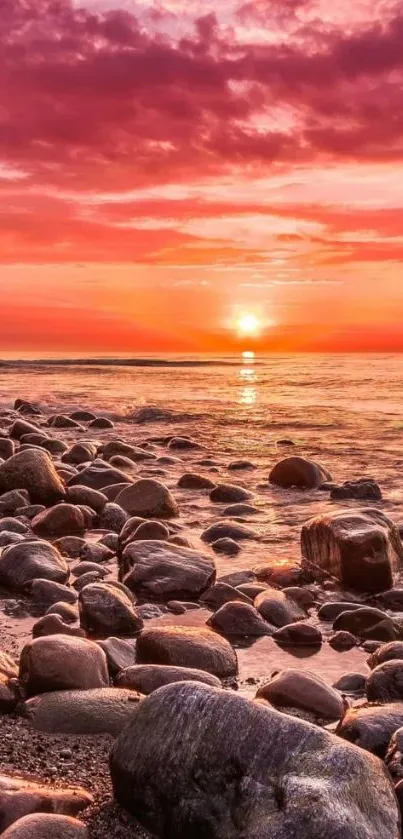 Sunset over rocky beach with pink sky.