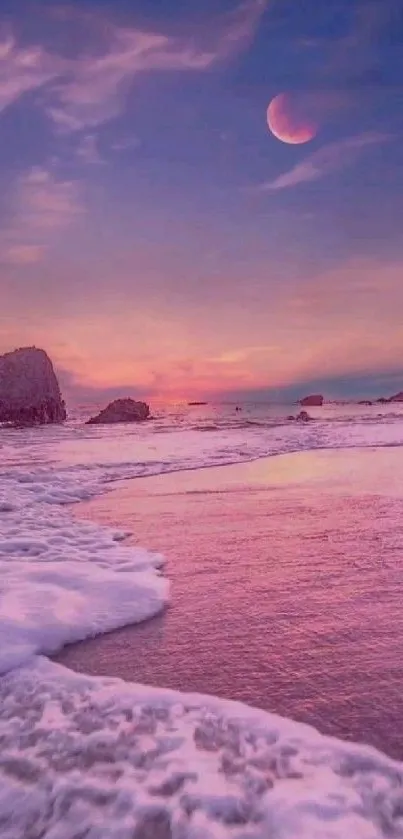 Purple sunset beach with crescent moon reflecting on ocean waves.