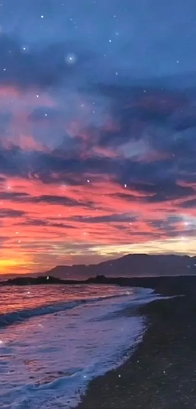 Breathtaking sunset over ocean and beach with vibrant sky.