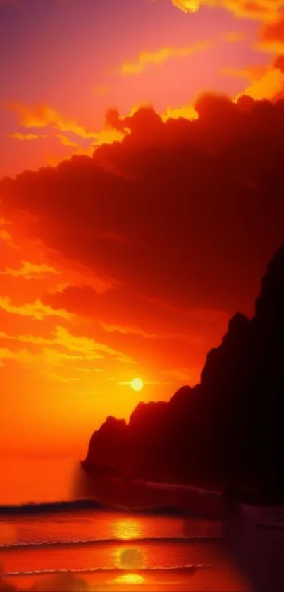 Vibrant orange-red sunset over beach with cliffs silhouetted, creating a tranquil scene.