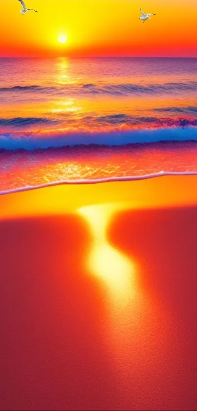 Stunning beach sunset with waves and orange sky, perfect for mobile wallpaper.