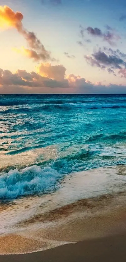 Vibrant sunset on the beach with waves and colorful sky.