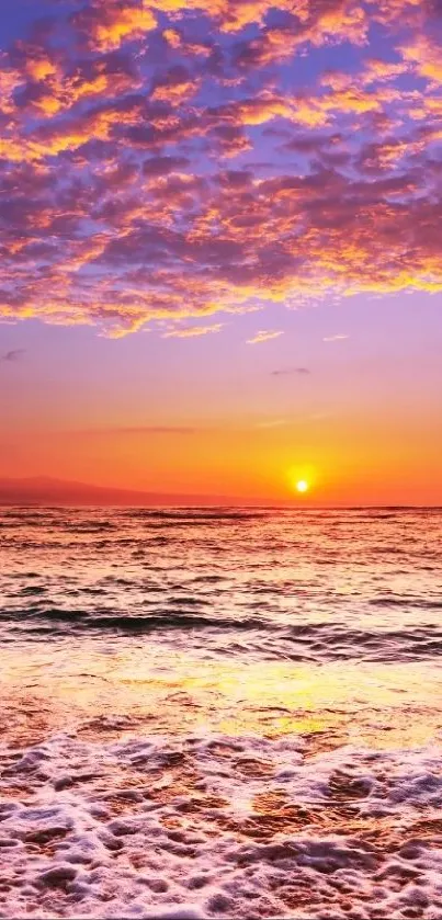 Stunning sunset beach with purple sky and calm ocean waves.