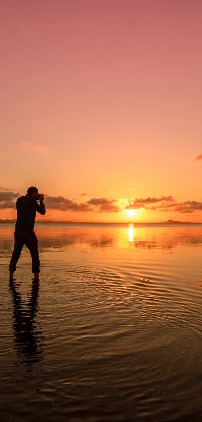 Serene sunset beach wallpaper with reflections and silhouette.