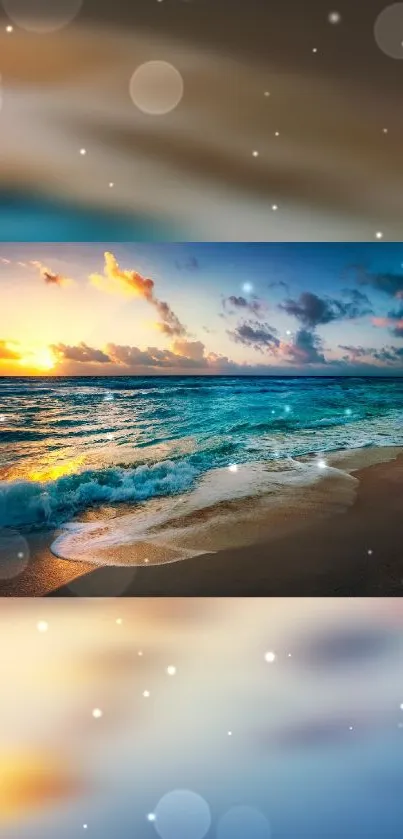 Vibrant beach sunset with blue ocean waves and a golden sky, perfect for mobile wallpaper.